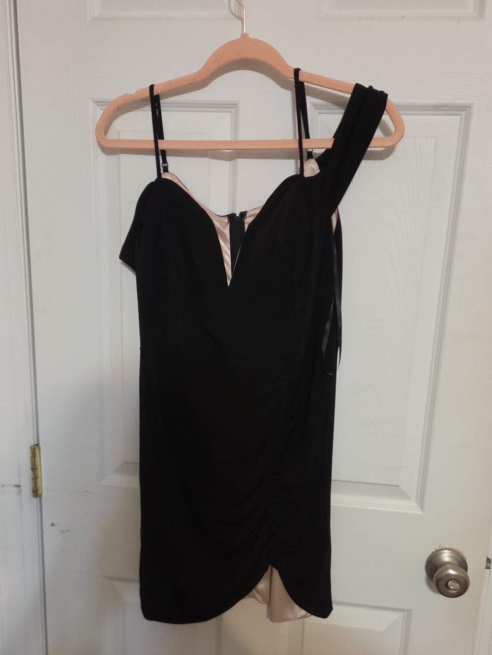 City Studio Black One-Shoulder Cocktail Dress with Nude Accent